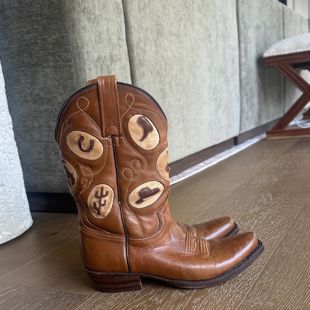 Brown Cowboy Boots with Custom Embroidered Western Shapes